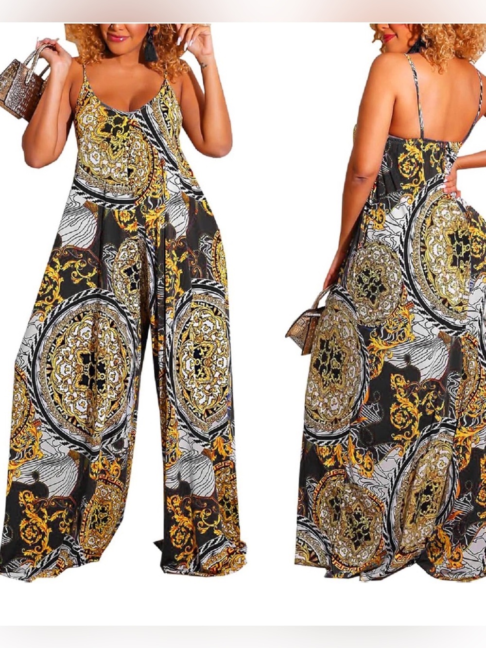 Black & Gold Printed Wide-Leg Jumpsuit size L